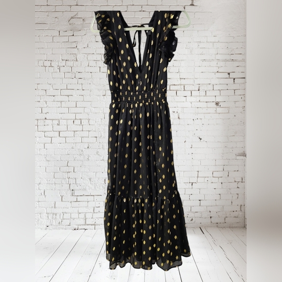Lulus Cause to Celebrate Black and Gold Dot Ruffled Tiered Midi Dress Sz XS - Picture 3 of 6